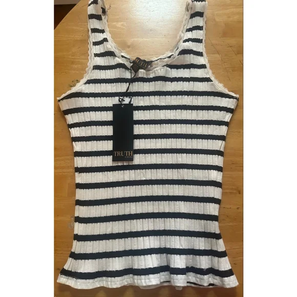 Truth by Republic M Striped Ribbed Tank Top women's White Black stretch - Picture 10 of 11